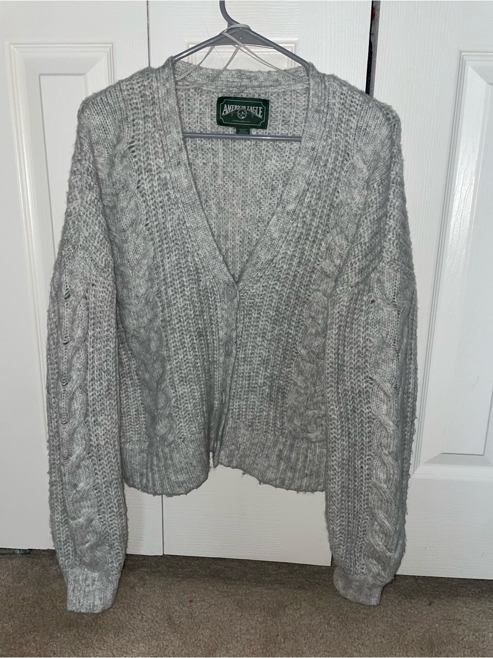 American Eagle Outfitters Gray Cable Knit V-Neck Button Cardigan